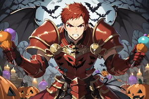 Climb, score_9, score_8_up, score_7_up,, masterpiece, best quality, best aesthetic, 1boy, ((solo)), male focus, red hair, red eyes, short-hair, red armor, red gauntlets, red pumpkins shoulder armor, Spooky breastplate, red armored bootsoutdoors,  (Halloween party:1.4), (Halloween decoration:1.4), black bat wings, serious face, angry, wrathful 