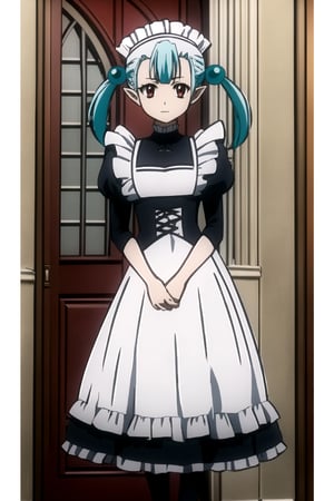 //Quality,
masterpiece, best quality
,//Character,
1girl, solo
,//Fashion,
,//Background, indoor, gothic Victorian mansion
,//Others,mimi,dark red eyes,pointy ears,light blue hair,short hair,pigtails hair,cyan orbs,big white maid headband,maid dress and white apron