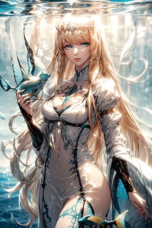 dreamlike artwork that combines elements of an "Ocean Girl" with fantasy.  surrounded by fish., under water theme, 1girl, solo, Calca, , ,blonde hair, , medium chest, extremely long hair, very long hair, extra long hair, white tiara, white dress, blue eyes,