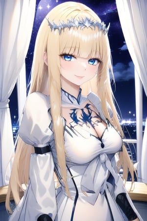 A very beautiful girl, elagent makeup, masterpiece quality, big suite window in back, it's night time, looking at the viewer, upper body, stunning image, light particles, Anime Style. 1girl, solo, Calca, Calca Bessarez, blonde hair, (extremely long hair:1.3), very long hair, white tiara, white dress, blue eyes,blunt bangs