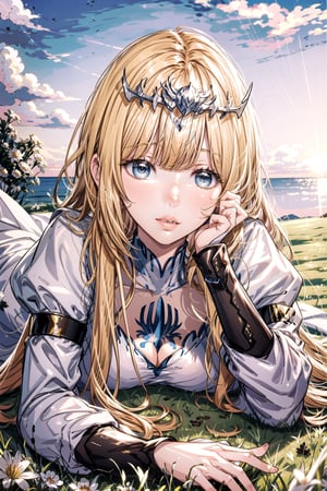 looking at viewer, outdoors, lying, sky, day, cloud, blurry, lips, , depth of field, grass, on stomach, hand on own face, sunset, head , 1girl, solo, Calca, Calca Bessarez, blonde hair, extremely long hair, very long hair, white tiara, white dress, blue eyes, medium chest,