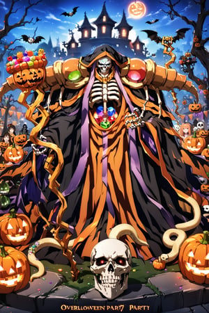 score_9, score_8_up, score_7_up, score_6_up, source_anime, best quality, masterpiece, colorful, very aesthetic, anime, BREAK   ainz ooal gown, skeleton, lich, orange dark robe, orange dot eyes, overlord, so-bin style, teeth, hood, orange magic, enchanted, orange guild staff, orange Halloween staff  with snakes  and jewels,ainz ooal gown \(overlord\), Movie Poster, MoviePosterAF, (Halloween party:1.4), (Halloween decoration:1.4), pumpkin, bat, death tree, grave yard, outdoor, Horror atmosphere, Halloween poster