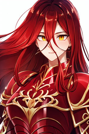 (masterpiece), best quality, expressive eyes, perfect face, looking at the viewer, , , (portrait), (upper body), mature female,  ,Rubedo, 1girl, yellow eyes, red hair, extremely long hair, red armor, hair between eyes, black cloack