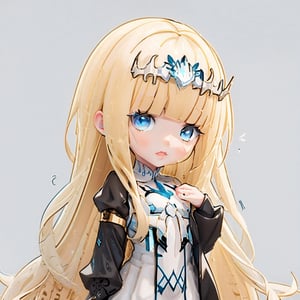 (Shine blue eyes) (Gray Blue Background) (DX12 Graphics) (SUPER CHIBI),  1girl, solo, Calca, Calca Bessarez, (blonde hair:1.3), (extremely long hair:1.3), very long hair, white tiara, white dress, blue eyes, medium chest, yellow hair color, golden hair color