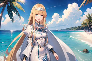  1girl, solo, calca, blonde hair, medium chest, (extremely long hair:1.3), very long hair, extra long hair, white tiara, white dress, blue eyes,Calca Bessarez,Calca, 25 years old,