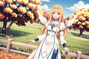 looking at viewer, blush, smile, open mouth, , standing, , flower, s, outdoors, sky, day, cloud, tree, blue sky,, fence, autumn leaves, field, autumn,  1angel, Calca, blonde hair, extremely long hair, white tiara, white dress, blue eyes, medium breasts, two angel wings, large white wings.