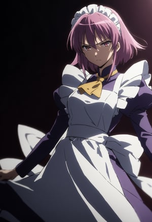 masterpiece, best quality, very aesthetic, absurdres, official art, 

closed mouth, cowboy shot, looking at viewer, simple background, 
cinematic shadow, cinematic lighting, ,1girl, dark purple maid dress, white apron, white maid headband, yellow double necktie, puffy sleeve, long sleeve, dark pink hair, sidelock, short hair, dark pink eyes, serious face, 25 year olds, 