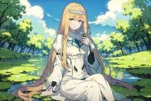 1girl, solo, looking at viewer, smile, ,, sitting, very long hair, closed mouth, , flower, , outdoors, sky, day,, cloud, , , , tree, blue sky, , nature, , yellow flower, Calca, Calca Bessarez, blonde hair, (extremely long hair:1.3), very long hair, white tiara, white dress, blue eyes, medium chest,Magic Forest,swamp