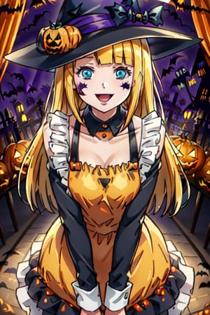 masterpiece,best quality,1girl, ,smile, Halloween kitchen, looking at viewer, smile,, 1girl, solo, orange maid dress, , long hair, blonde hair, blue eyes, tuare, tuareninya,, (Halloween party:1.4), (Halloween decoration:1.4), preparing Halloween food 