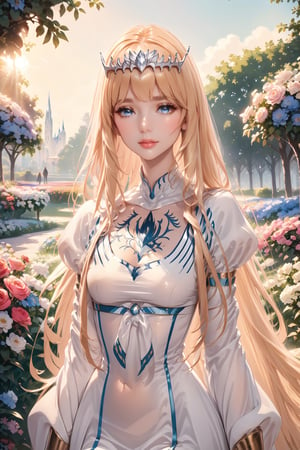 (best quality, high res),beautiful detailed eyes, beautifully detailed lips, long eyelashes, soft facial features, flower garden background, vibrant colors, pleasant lighting, artistic rendering, , 1girl, solo, Calca, Calca Bessarez, blonde hair, (extremely long hair:1.3), very long hair, white tiara, white dress, blue eyes, medium chest,