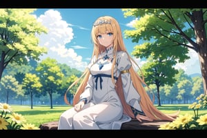 1girl, solo, looking at viewer, smile, ,, sitting, very long hair, closed mouth, , flower, , outdoors, sky, day,, cloud, , , , tree, blue sky, , nature, , yellow flower, Calca, Calca Bessarez, blonde hair, (extremely long hair:1.3), very long hair, white tiara, white dress, blue eyes, medium chest