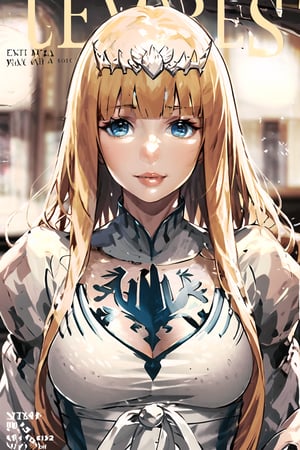 (best quality), (highly detailed), masterpiece, (official art), blunt bangs, magazine cover, ancient text in the world of fantasy, lips, smile, pose, looking at the viewer, (intricately detailed, hyperdetailed), blurry background, depth of field, best quality, masterpiece, intricate details, tone mapping, sharp focus, hyper-detailed, trending on Artstation,1 girl, solo, high res, official art, Calca, Calca Bessarez, blonde hair, (extremely long hair:1.3), very long hair, white tiara, white dress, blue eyes, medium chest