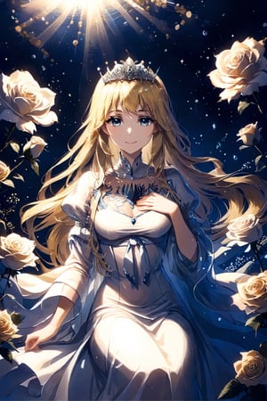 1girl, solo, long hair, looking at the viewer, smile, rose, white flower, portrait, white rose,, hold a bunch of white flowers, Calca, calca, blonde hair, long hair, medium chest, extremely long hair, very long hair, extra long hair, white tiara, white dress, blue eyes,Calca Bessarez,medium breast,, 