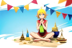 //Quality, (masterpiece), (best quality), 8k illustration,
//Character,
, 1girl, solo, smile, , heterochromia, one green eye on the left of image, one blue eye on the right of image, yellow hair, pointy ears, sitting
//Fashion,
//Background,
,Aura Bella Fiora 
,,Songkran Festival, Songkran day, water splash, water festival, water gun, sand castle, water bucket, golden pagoda, golden temple, festival flags, effect of flowing water, colorful style, Thailand decoration, colorful swimming glasses