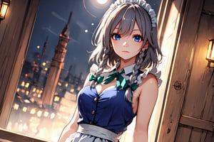 Beautiful girl. The background of the picture is a luxurious ancient city. Detailed eyes, detailed image, detailed skin; . blue eyes. Proportional and beautyful body. It's nightime.,pastelbg,Beautiful,izayoi_sakuya_touhou, izayoi sakuya, maid, , grey hair, medium breasts, , , indoors,, serious face, blue eyes, dark blue eyes, green ribbons,