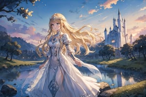 masterpiece, best quality, aesthetic,A Gentle girl,dusk,riverbank,bridge,wind,scenery,,scenery, castle background, 1girl, solo, Calca, Calca Bessarez, blonde hair, extremely long hair, very long hair, white tiara, white dress, blue eyes, medium chest