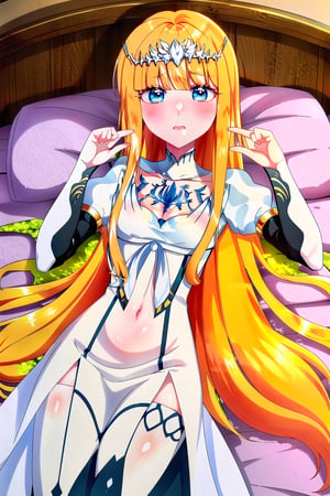 anime screencap, masterpiece, best quality,highres
 lying, on the bed, blush, 1girl, solo, Calca, Calca Bessarez, blonde hair, (extremely long hair:1.4), very long hair, white tiara, white dress, blue eyes, medium chest