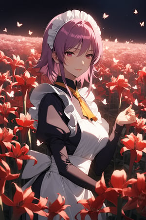 score_9, score_8_up, score_7_up, score_6_up, masterpiece, best quality, highres, absurdres, beautiful lighting, natural light, soft lighting,
 (portrait, serene, light smile, field of flowers, amaryllis, at night, Butterflies fluttering) , ,1girl, solo, dark purple maid dress, white apron, white maid headband, yellow double necktie, puffy sleeve, long sleeve, dark pink hair, (sidelock:1.3), short hair, dark pink eyes,, mature female, 25 years olds