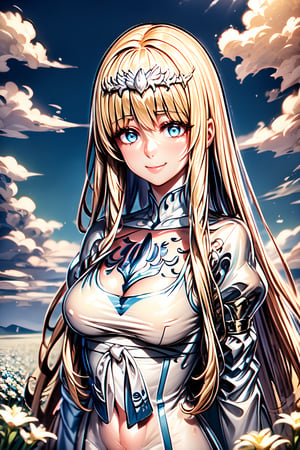 masterpiece, best quality, looking at the viewer, gentle smile, clouds, blue sky, flower field,  Enhance, best body posture,, elegant, Extremely Realistic, 1girl, solo, Calca, Calca Bessarez, blonde hair, (extremely long hair:1.3), very long hair, white tiara, white dress, blue eyes, medium chest,extremely long hair