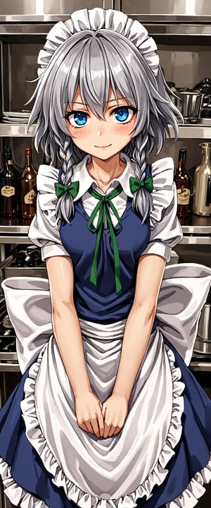 1girl, solo, looking at the viewer, lips, glowing, glowing eyes, ringed eyes blush,  light smile,1girl,solo, izayoi_sakuya_touhou, Sakuya, Sakuya Izayoi, blue maid outfit, white apron, white maid headband, silver hair, two braided hair, short hair, blue eyes, blue eyes, two green ribbons on her braided hair, green bowtie, braid,, twin_braids, maid_headdress, standing, in the luxurious kitchen