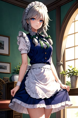 //Quality,
masterpiece, best quality
,//Character,
1girl, solo
,//Fashion,
,//Background, indoor, gothic Victorian mansion
,//Others,
, full_body,izayoi_sakuya_touhou, , silver hair, maid dress, white apron, very short skirt,, sleeveless outfit, detailed face, detailed eyes, fresh blue eyes, big green ribbons, blue outfit, double braids, small green ribbons