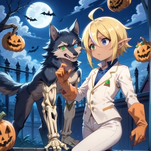 score_9,score_8_up,score_7_up,source_anime,BREAK,Aura Bella Fiora \(overlord\),short hair, blonde hair, hair between eyes, blue eyes, green eyes, heterochromia, pointy ears, dark skin, elf, ahoge, Halloween shirt, long sleeves, Halloween gloves, , white vest, white pants, orange footwear, 1girl, (Halloween party:1.4), (Halloween decoration:1.4), grave yard, night time, skeleton around, Haunted house, Ghostly fog, (black wolf:1.4), playing with the wolf