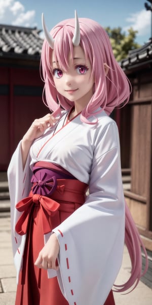 best quality, masterpiece, highres, detailed, digital artwork, , MeliaXenoblade, pink eyes, pink hair, small white oni horns, white and red Japanese hakama, upper body, happy, smile,,Shuna,1girl, solo, medium breast