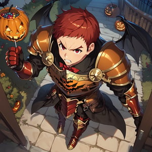 Climb, score_9, score_8_up, score_7_up,, masterpiece, best quality, best aesthetic, 1boy, ((solo)), male focus, red hair, red eyes, short-hair, Halloween armor, red gauntlets, red pumpkins shoulder armor, Spooky breastplate, orange armored boots, d, clenched fists, arm up, outdoors,  from above,  (Halloween party:1.4), (Halloween decoration:1.4), black bat wings 