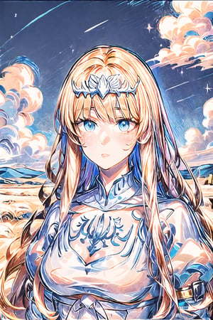 sole_female, mature female, pale skin, straight hair,Detailedface
BREAK
night sky, clouds, scenery, high_res, high quality, masterpiece, 8K  ,1girl, solo, Calca, Calca Bessarez, blonde hair, (extremely long hair:1.3), very long hair, white tiara, white dress, blue eyes, medium chest