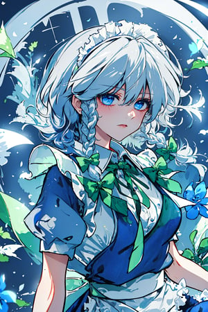 (masterpiece, best quality, highres:1.3), holding,  flower,  forget me, not flowers, white flowers, 1girl,solo, izayoi_sakuya_touhou, Sakuya, Sakuya Izayoi, blue maid outfit, white apron, white maid headband, silver hair, two braided hair, short hair, blue eyes, blue eyes, two green ribbons on her braided hair, green bowtie, braid,, twin_braids, maid_headdress