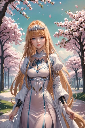 Anime girl, stands beneath cherry blossom trees, petals drifting around her, soft pastel background, sakura theme, ultra fine details, digital painting.,  1girl, solo, Calca, Calca Bessarez, blonde hair, (extremely long hair:1.3), very long hair, white tiara, white dress, blue eyes, medium chest, medium breast, yellow hair color,extremely long hair