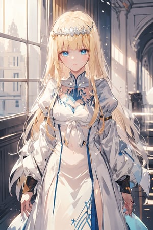masterpiece, best quality, ultra-detailed, extremely detailed, depth of field, ,  ,1girl, solo, Calca, Calca Bessarez, blonde hair, extremely long hair, very long hair, white tiara, white dress, blue eyes, medium chest