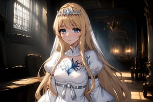 ultra realistic 8k cg, cinematic lighting, cinematic bloom, cool face, cool eyes, hd semirealistic anime cg concept art digital paintin,Calca,, ,blonde hair, , medium chest, extremely long hair, very long hair, extra long hair, white tiara, white dress, blue eyes,