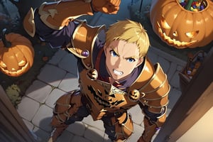 Climb, score_9, score_8_up, score_7_up,, masterpiece, best quality, best aesthetic, 1boy, ((solo)), male focus, blonde hair, blue eyes, short-hair, Halloween armor, orange gauntlets, pumpkins shoulder armor, Spooky breastplate, orange armored boots, d, clenched fists, arm up, outdoors,  from above,  (Halloween party:1.4), (Halloween decoration:1.4),