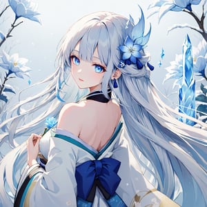 Lovely woman, ((clear blue eyes: 1.3) extremely long hair,,ahoge,  ,ice flower in background, winter, 1girl, solo, ,medium breast,Yuki Onna, , Japanese kimono, bare shoulder, light blue hair, extremely long hair, blue eyes, hair ornament, blue ribbon, blue earring