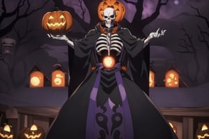 , intricate design, Halloween costume, (haunted house, Halloween decorate  , death tree), High quality, , (Beautiful), ((masterpiece)), vibrant colors, skeleton, solo, 1boy, male focus, bone, ribs, full body, orange orb, raising your hand with a pumpkin, tall body,  (Halloween party:1.4), (Halloween decoration:1.4), pumpkin, bat, death tree, grave yard, outdoor, Horror atmosphere, Halloween poster