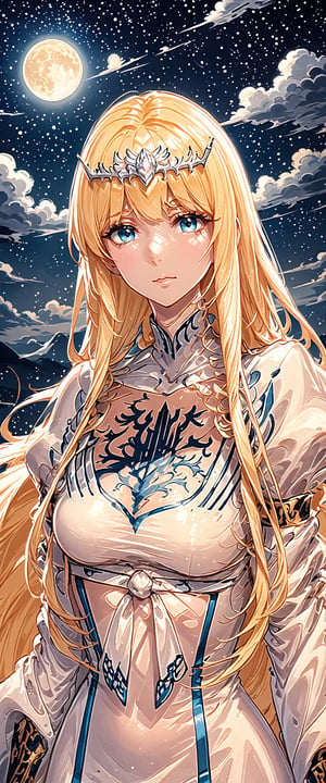 1girl, solo, long hair, sky, cloud, night, glowing, moon, night sky, full moon,  Calca, Calca Bessarez, blonde hair, (extremely long hair:1.3), very long hair, white tiara, white dress, blue eyes, medium breast, extremely long hair, upper body, close up