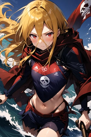 Picture a woman at the Olympic Sailing Championships, skillfully steering her yacht through rough waves and across the ocean, skull flag,Evileye \(overlord\), yellow hair, long hair, red eyes, flat chest, black red sportwear