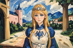 (mature female), (relax), (blush), solo, 1girl,

Detailed face, ultra-detailed, bright skin, high-quality skin texture rendering, masterpiece, (highest quality),  8k, (anime)

medieval age castle background,  1girl, solo, Calca, Calca Bessarez, blonde hair, (extremely long hair:1.3), very long hair, white tiara, white dress, blue eyes, medium chest, expressionist painting, 