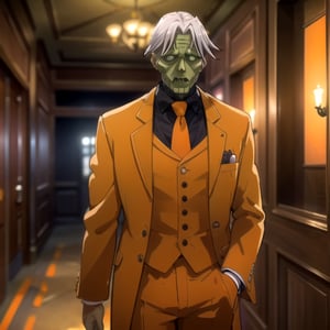 (masterpiece), (best quality), 8k illustration, Halloween, Frankenstein, (haunted house:1.4), (Halloween party:1.4), (Halloween decoration:1.4), (Halloween Frankenstein:1.4)
, 1male, solo, , sebas, orange theme, 
//Background, 50 years old, 
indoors, silver hair, short hair, white beard , (orange suit:1.3), surrounded by pumpkins 