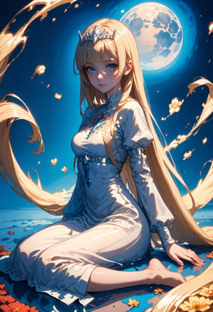 score_9, score_8_up, score_7_up, score_anime, 1woman, moon background, reflective ground, abstract, sitting, from the side, shiny skin, blush, beautiful face, water magicl looking at viewer, Calca,Calca Bessarez,1girl,blonde hair,(extremely long hair:1.3),white tiara,white dress,blue eyes,medium chest,blunt bangs