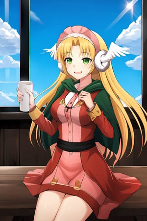 masterpiece, best quality, highres, coffee, cafe, sitting, table, window, smile, detailed_background, complex_background , sunshine, sunlight, depth_of_field, lens_flare,hmfre,  medium chest, Divine Chant, 4th Seat of the Black Scripture, blonde hair, green eye, (pink dress:1.2), green hood, very long hair, 1girl, solo, angelwing-shaped earmuffs