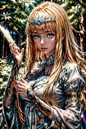 A beautiful girl, reading a grimoire in a starry night, in an enchanting forest, surrounded by mystical atmosphere and magical ambiance, glitters, glowing particles, misty. (masterpiece, top quality, best quality, official art, beautiful and aesthetic:1.2), (1girl:1.4), upper body, , portrait, extreme detailed, fantasy art, intricate arcane wiccan designs,  by Yoshida Akihiko and Kay Nielsen,Enhance,  ,1girl, solo, 1girl, solo, Calca, Calca Bessarez, blonde hair, extremely long hair, very long hair, white tiara, white dress, blue eyes, medium chest