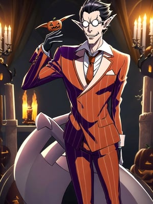 (((masterpiece))),best quality, illustration,(detailed male), (Hallloween party:1.4), pumpkins, surrounded by pumpkins, detailed lighting, detailed fire, haunted house, cancel light, horror atmosphere, (detailed eyes), expressionless,,demiurge, orange suit, orange trouser, Orange Necktie, Silver Round Glasses, short hair, pointy ears, black hair, Diamond Eyes, long metal tail, black gloves, demiurge, (Halloween outfit:1.4), villain, bat