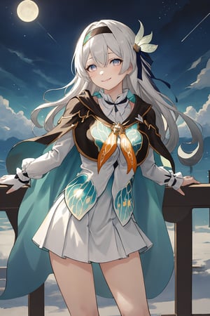 best quality, masterpiece, highres, ,firefly \(honkai: star rail\), 1girl, solo, long hair, smile, blue eyes, closed mouth, looking at viewer, outdoors, bangs, long sleeves, hair ornament, hairband, hair between eyes, cloudy sky, turquoise cape, blue sky, star \(sky\), night sky, white hair, upper body, white shirt, railing, viewed from front , white skirt, revealing thighs, leaning_forward , standing far away