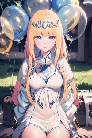 masterpiece, best quality, incredibly absurdres, 1girl, multiple colorful balloon, sitting, happy, closed mouth, very long hair, upper body, , hand behind back, solo, Calca, Calca Bessarez, blonde hair, (extremely long hair:1.3), very long hair, white tiara, white dress, blue eyes, medium chest