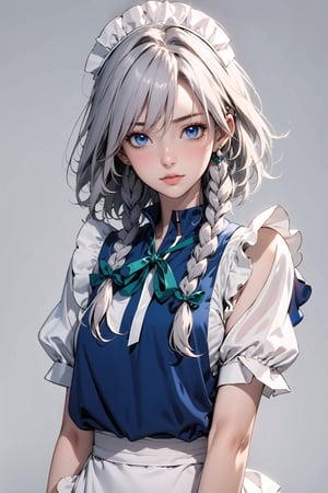 1girl, solo, looking at viewer, short skirt,,Confidence and pride,,beauty, masterpiece,best quality,,pastel,,,izayoi_sakuya_touhou, , , , silver hair, maid dress, white apron, very short skirt,, sleeveless outfit, detailed face, detailed eyes, fresh blue eyes, big green ribbons, blue outfit, double braids, small green ribbons