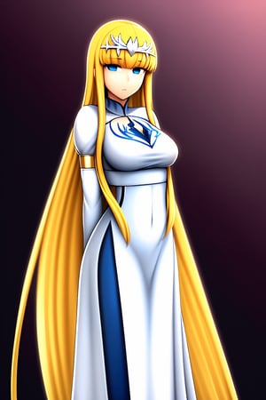 
masterpiece, best quality, 1girl, solo, Calca, Calca Bessarez, blonde hair, (extremely long hair:1.3), very long hair, white tiara, white dress, blue eyes, medium chest,