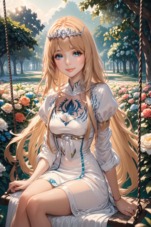 (best quality, highres),beautiful detailed eyes,beautiful detailed lips, long eyelashes, soft facial features, cute smile, looking at, flower garden background, sitting on a swing, vibrant colors, pleasant lighting, artistic rendering,(The cutest girl in the world:1.5), 1girl, solo, Calca, Calca Bessarez, blonde hair, (extremely long hair:1.3), very long hair, white tiara, white dress, blue eyes, medium chest,