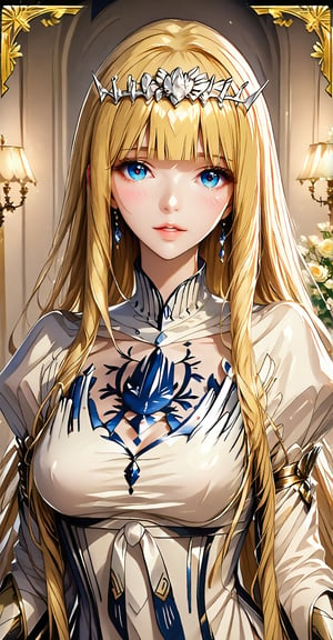 masterpiece, best quality, extremely detailed, (illustration, official art:1.1), 25 years old,((blush)) , beautiful face, masterpiece, best quality,(((((a very delicate and beautiful girl))))),Amazing,beautiful detailed eyes,blunt bangs (true beautiful:1.2), , masterpiece, best quality,1girl, solo, flower, looking at the viewer, parted lips, bangs, black rose, picture frame, card, blurry,Calca,Calca Bessarez,blonde hair,(extremely long hair:1.3),white tiara,white dress,blue eyes,medium chest